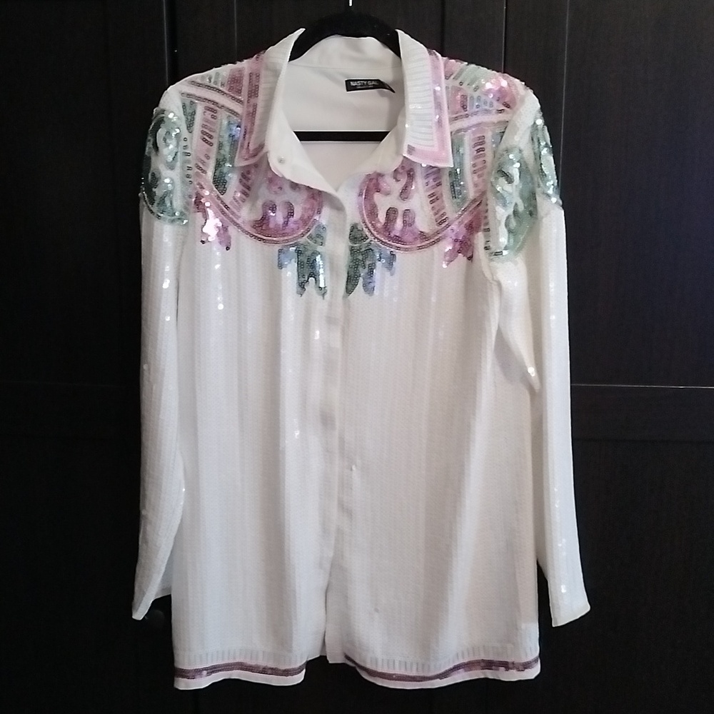 EUC Nasty Gal Fully Sequined White Dress Jacket Pink And Green Designs - Size 4 - Picture 7 of 10